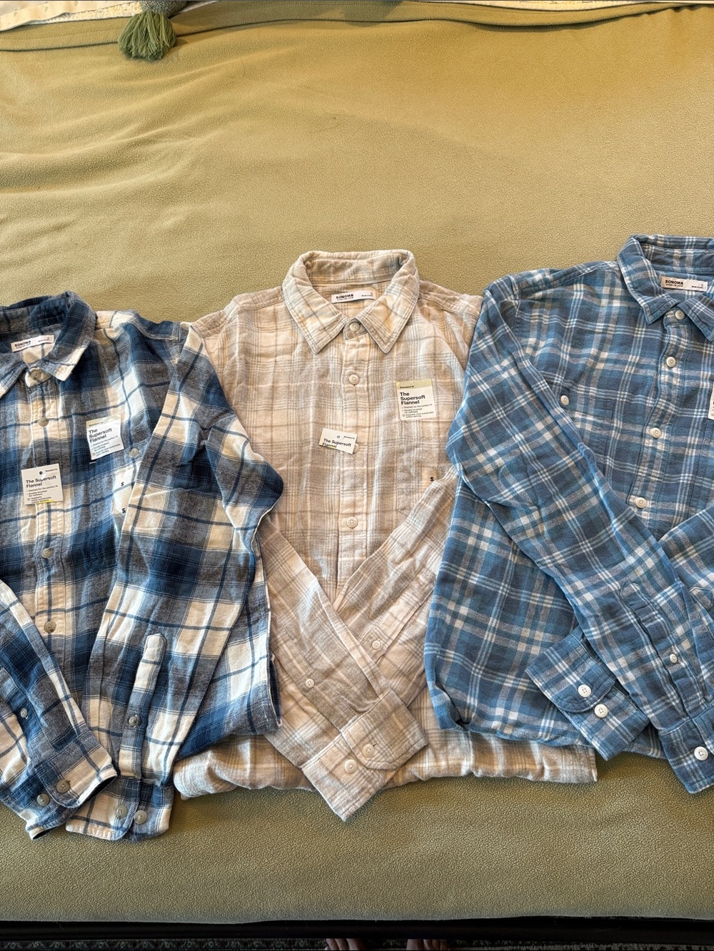 Casual Plaid Button-Down Flannel Shirt Trio — Blue and Beige Plaids
